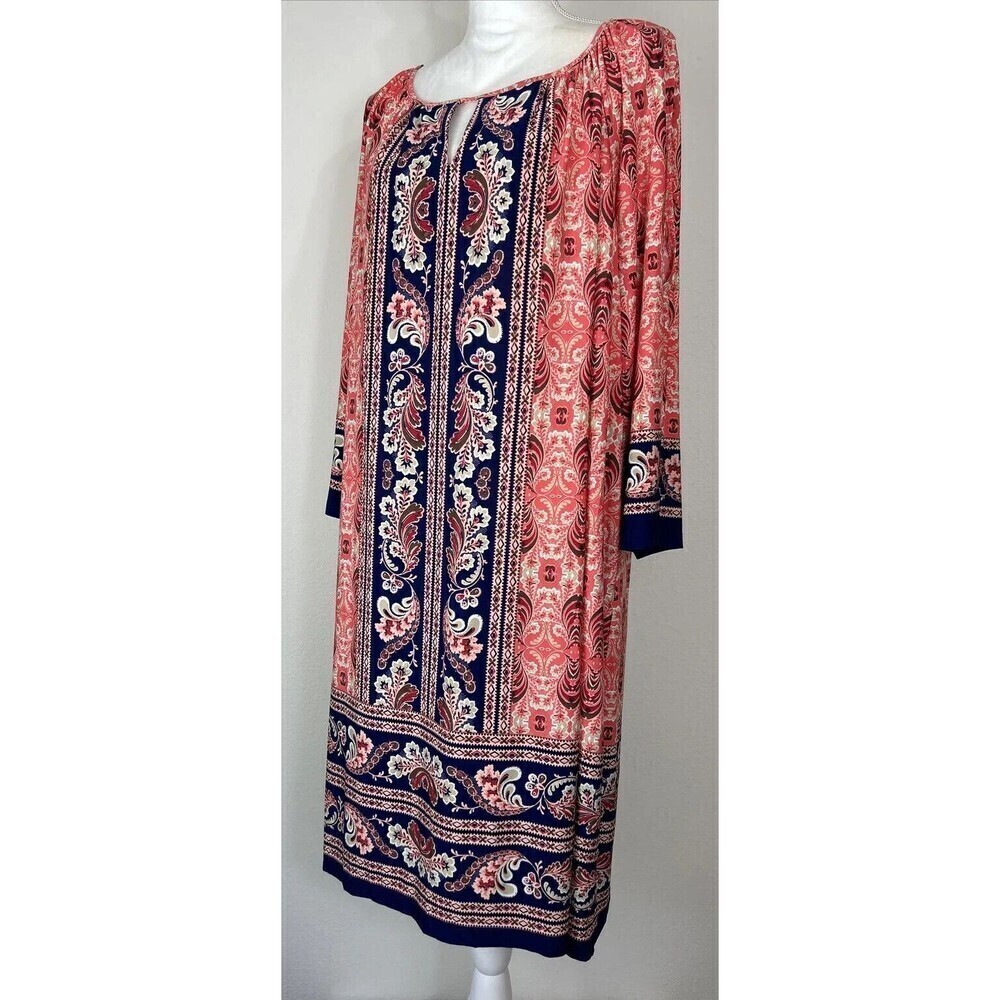 London Times Medallion Border Print Midi Shift Pink Navy Keyhole Plus Size 20W - Picture 5 of 12